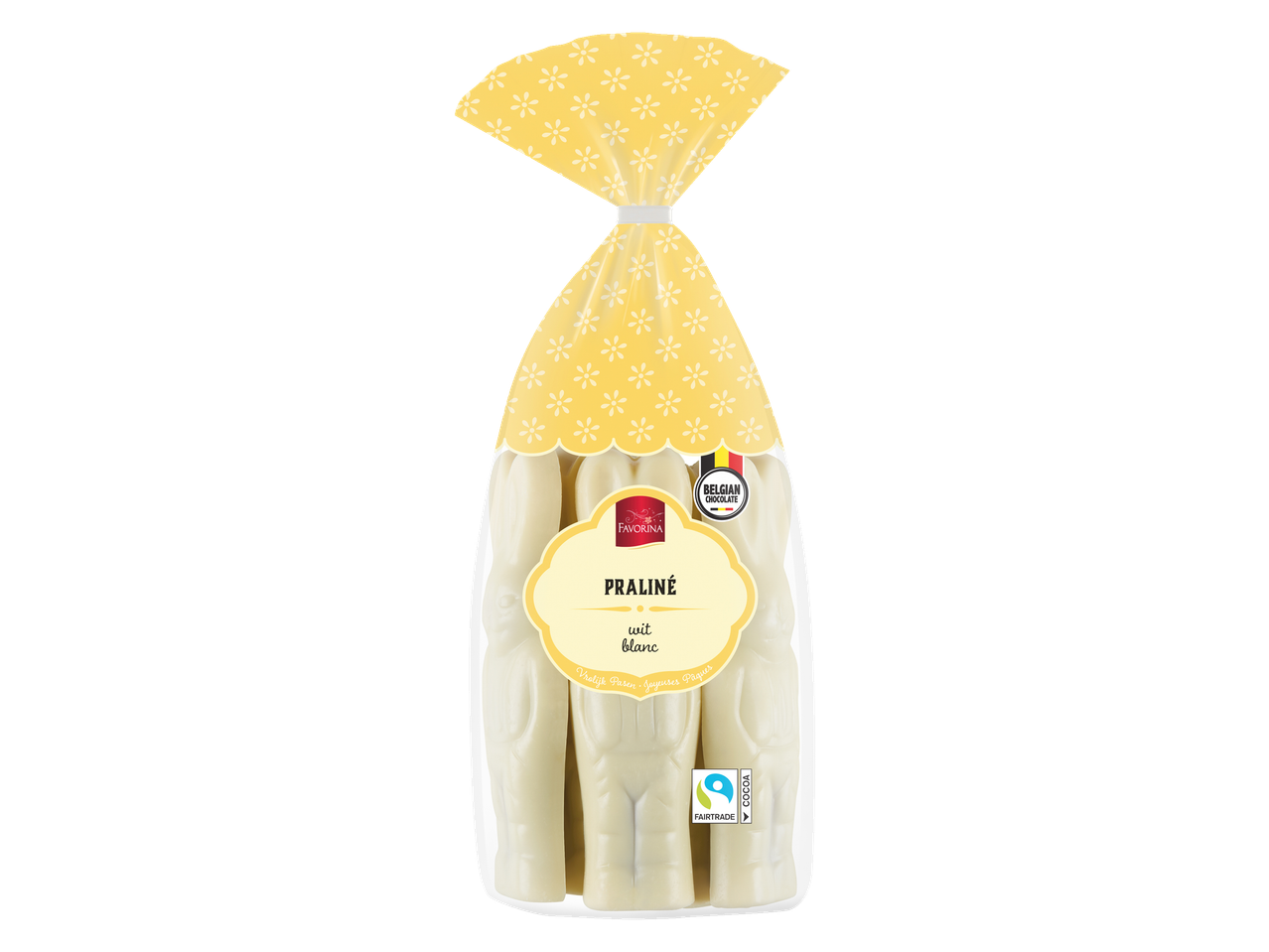 Favorina witte chocolade paashaasjes met pralinévulling, in een doorzichtige zak met geel bloemenpatroon.