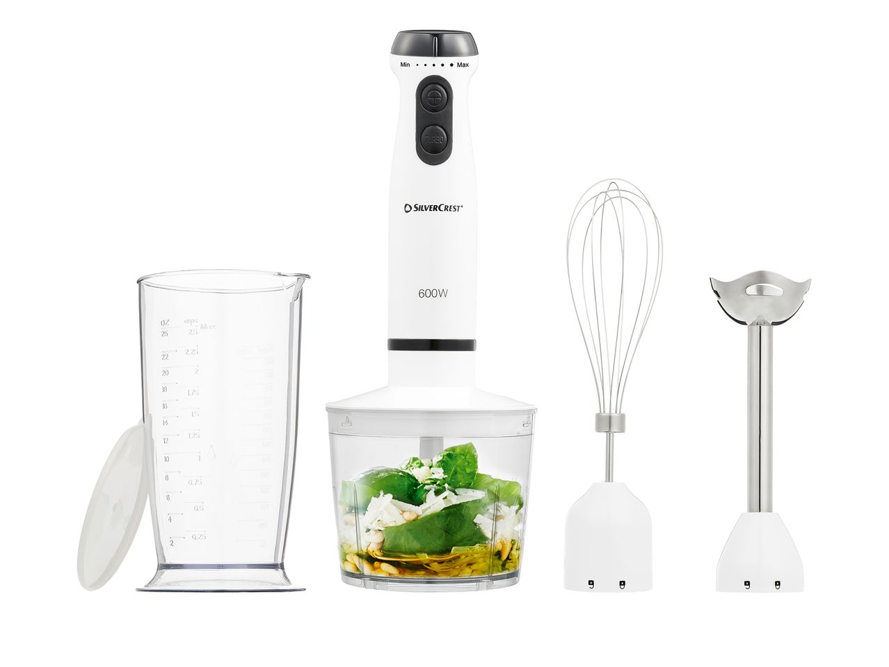 SilverCrest 600W hand blender with attachments including a whisk and chopper.