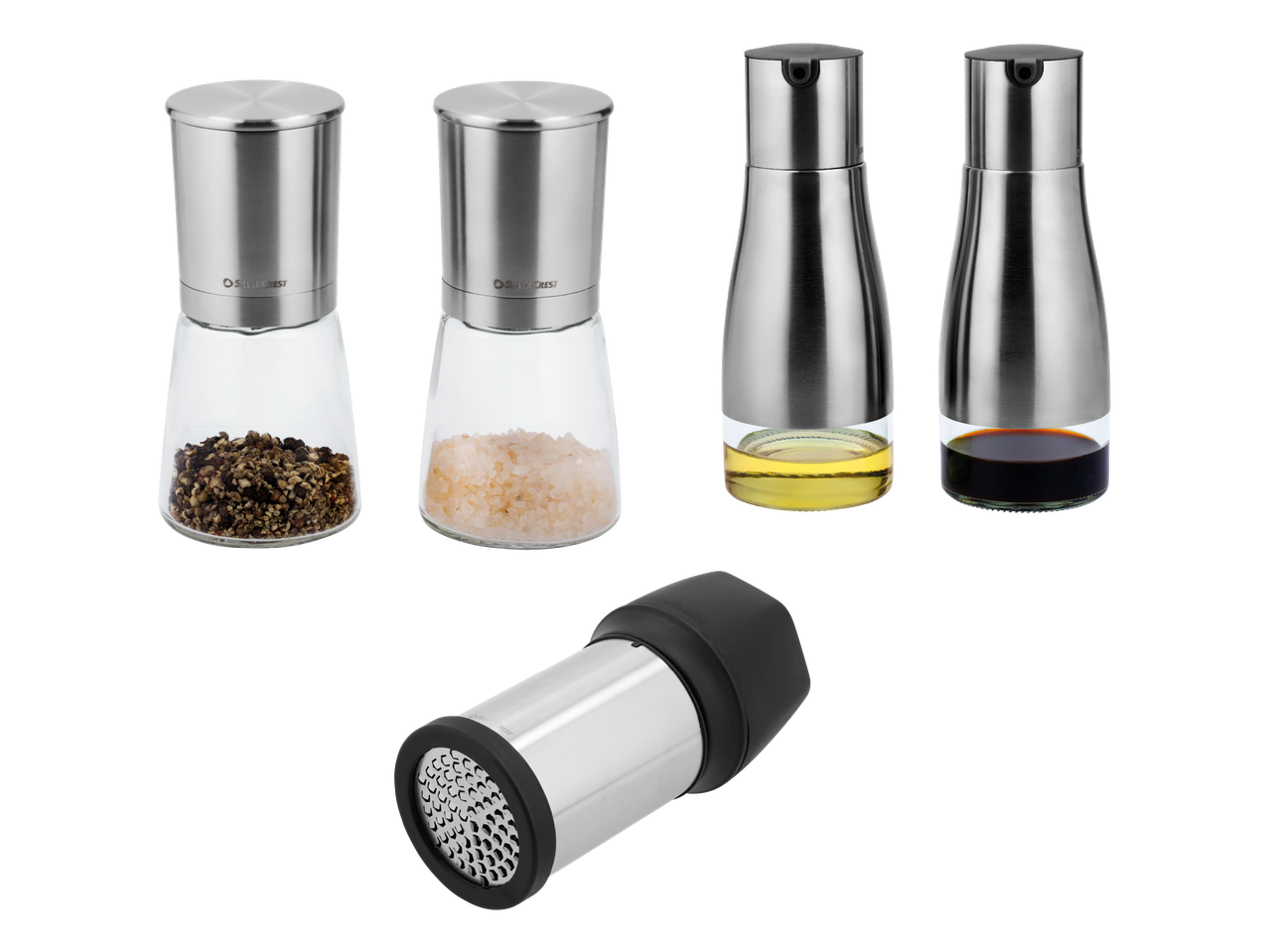 Set kuhinjskih dodataka: mlinci za sol i papar, boce za ulje i ocat te ribež.