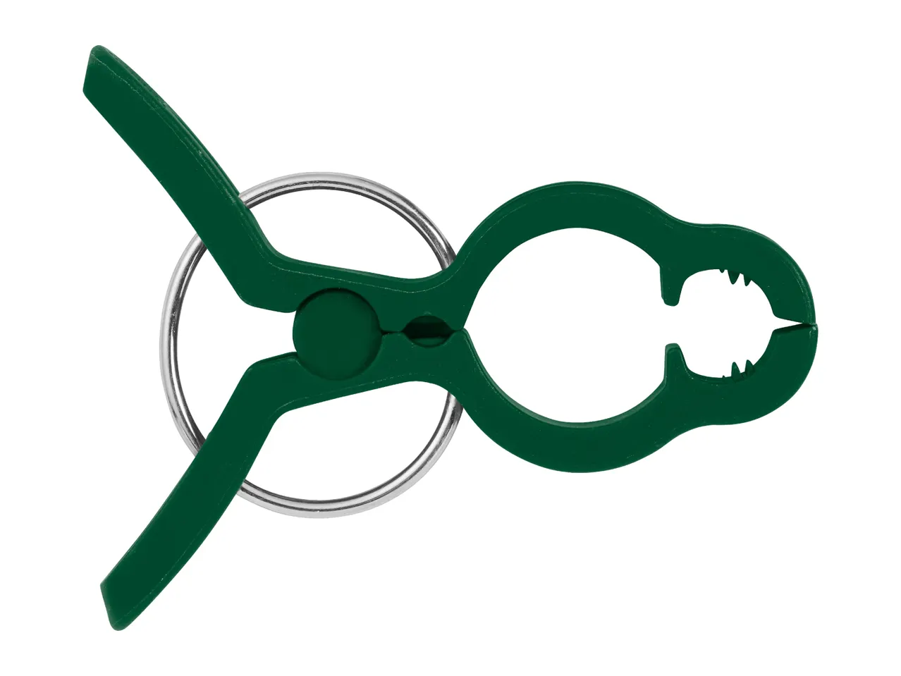 Green plastic clothes peg with a metal spring, isolated on a white background.