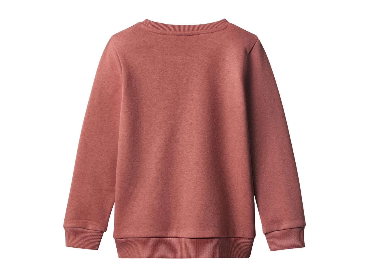Back view of a plain, long-sleeved, dusty rose-colored sweatshirt with ribbed cuffs and hem.