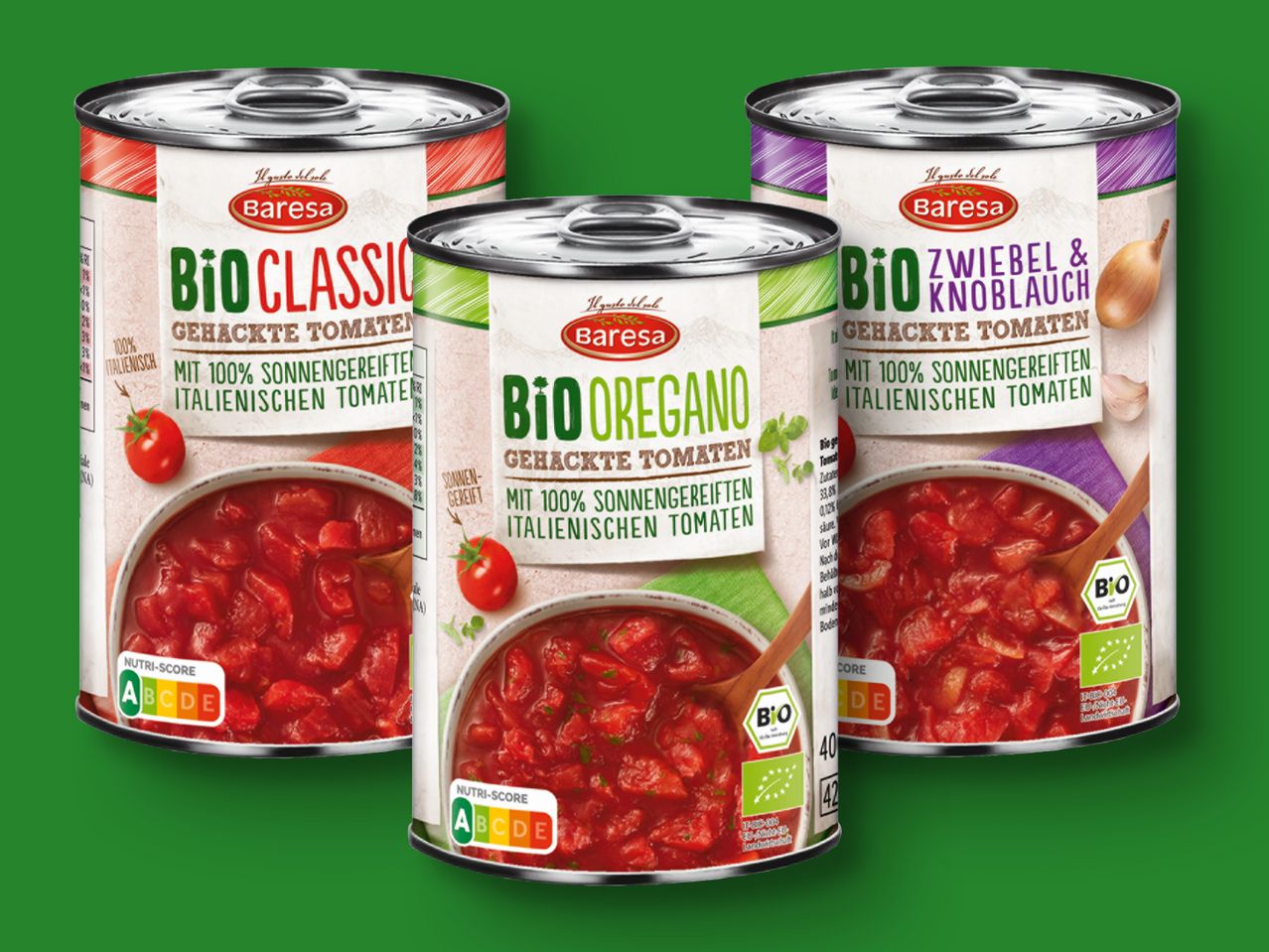 Baresa Bio gehackte Tomaten: Klassik, Oregano und Zwiebel-Knoblauch.