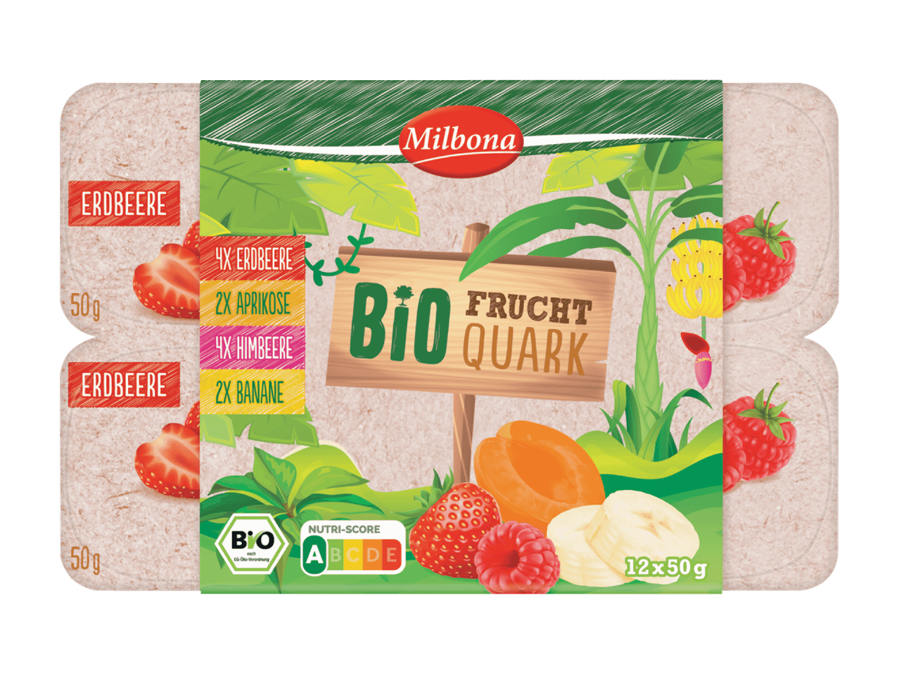 Milbona Bio Frucht Quark mit Erdbeere, Aprikose, Himbeere und Banane, 12x50g Packung.