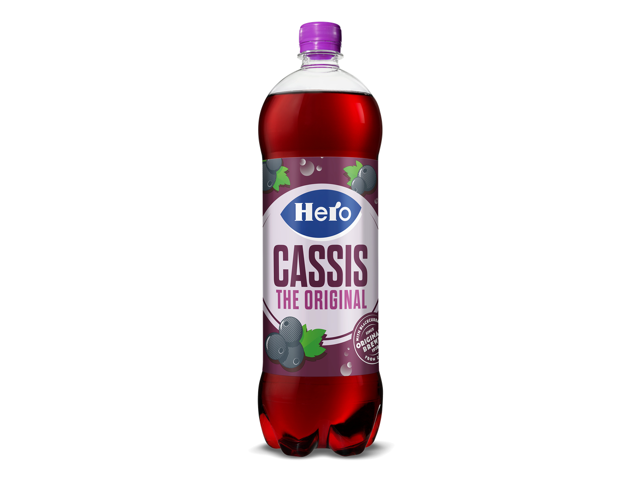 Fles zwartebessensiroop met paarse dop en etiket met zwartebessen en bubbels.