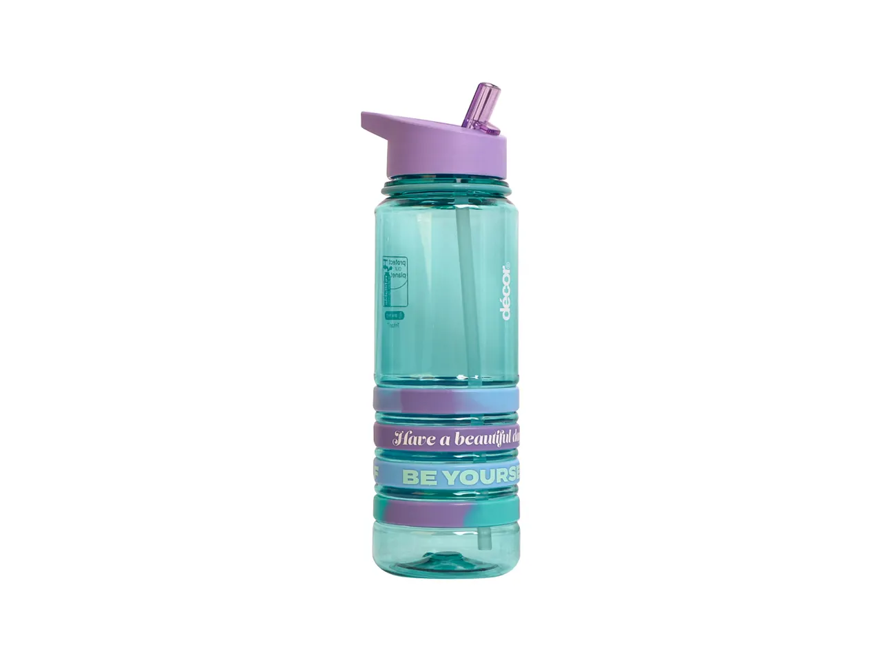 A teal plastic water bottle with a purple lid and straw.