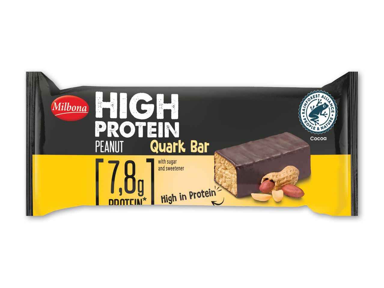 Højprotein jordnøddekvarkbar med 7,8g protein, sukker og sødemiddel, med Rainforest Alliance-certificering.