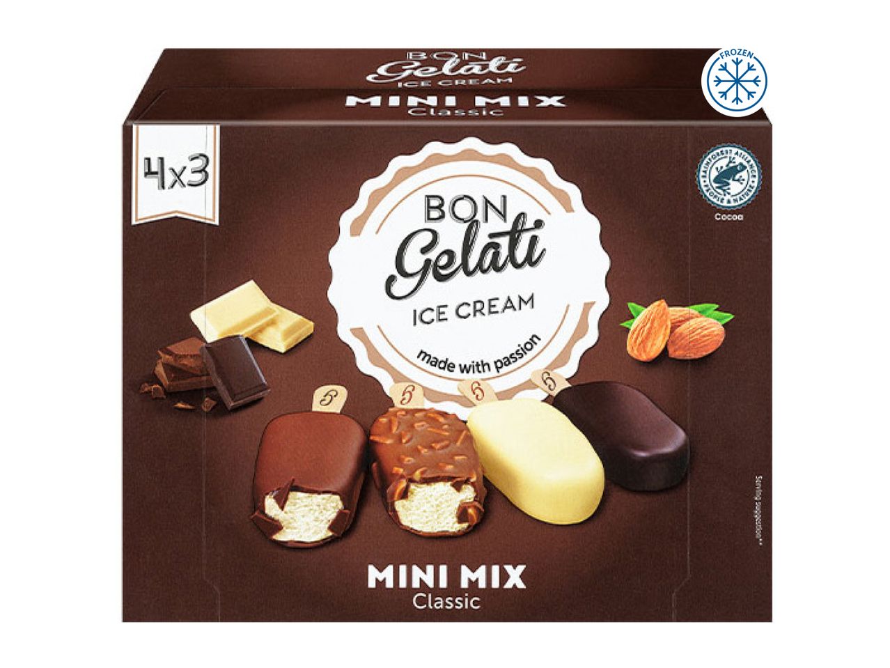 Box of mini ice cream bars in classic flavors, including chocolate, almond, and white chocolate.