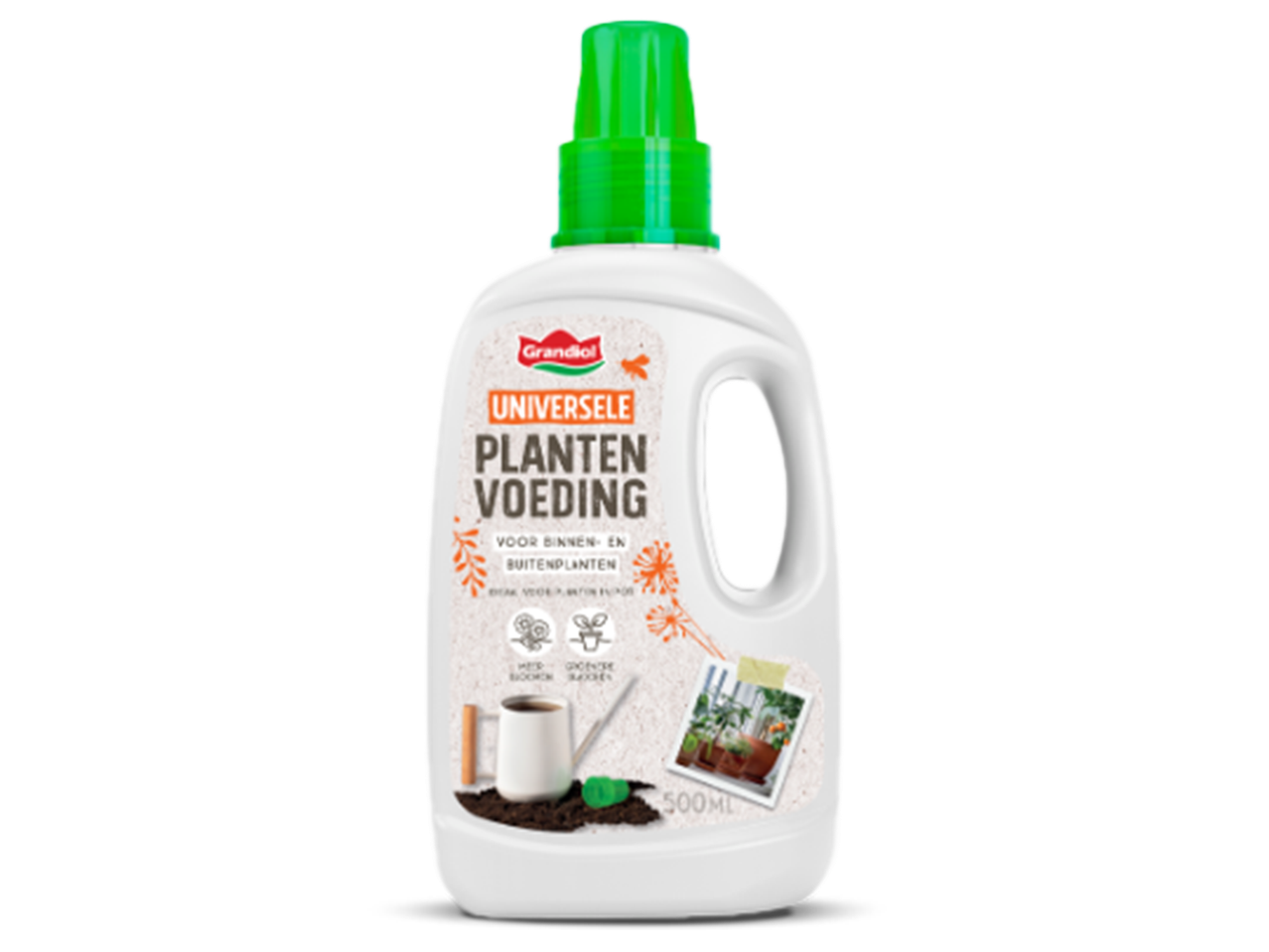 Witte fles met groene dop voor universele plantenvoeding, 500ml, voor binnen- en buitenplanten.