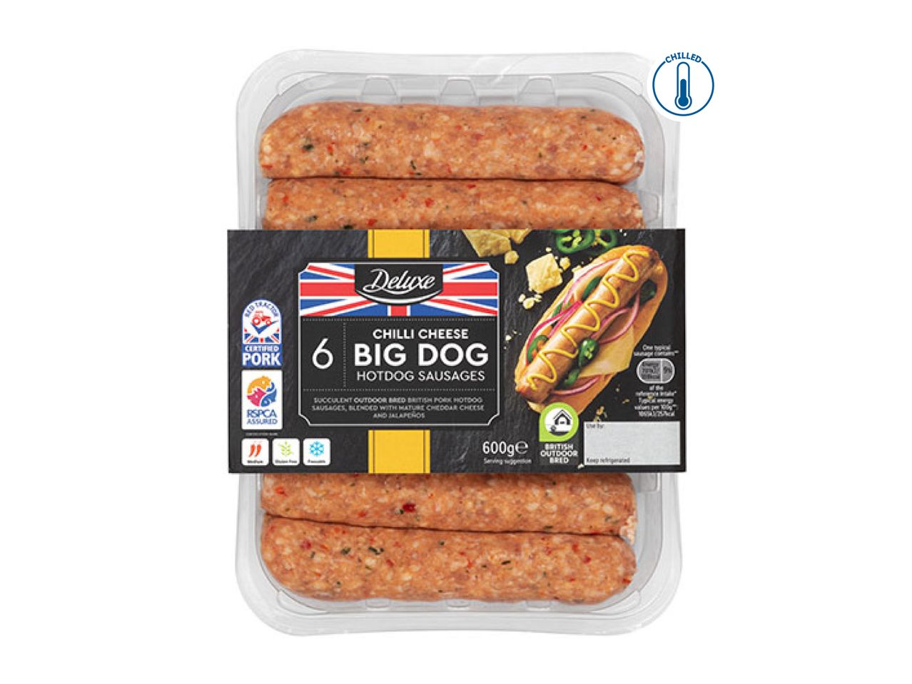 Chilli cheese hotdog sausages in a clear tray with a black and yellow label, featuring a hotdog.