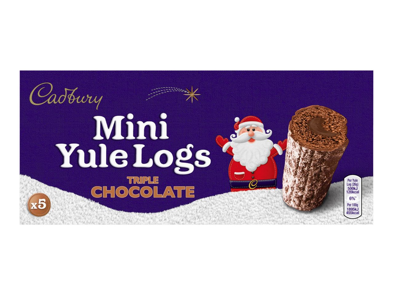 Cadbury Mini Yule Logs, Triple Chocolate, with Santa and nutritional info.