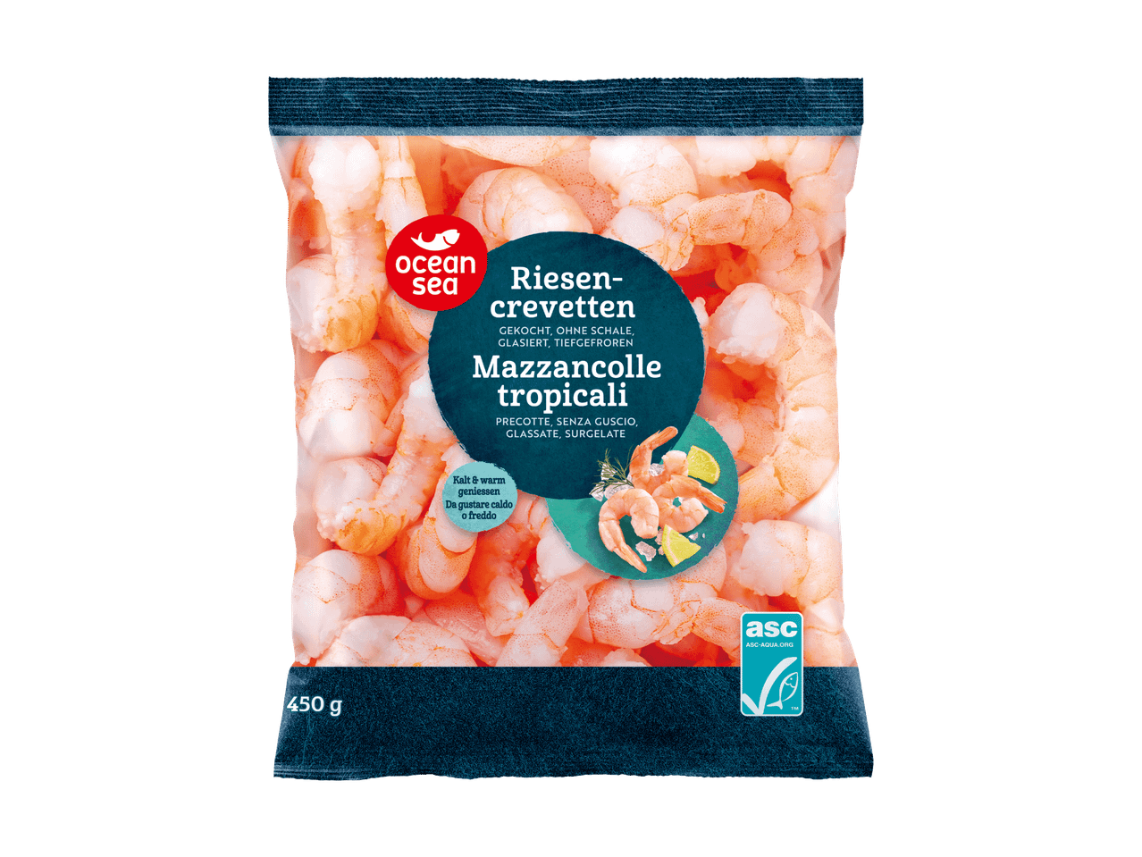 Riesen-Crevetten, gekocht, ohne Schale, glasiert, tiefgefroren, 450g.