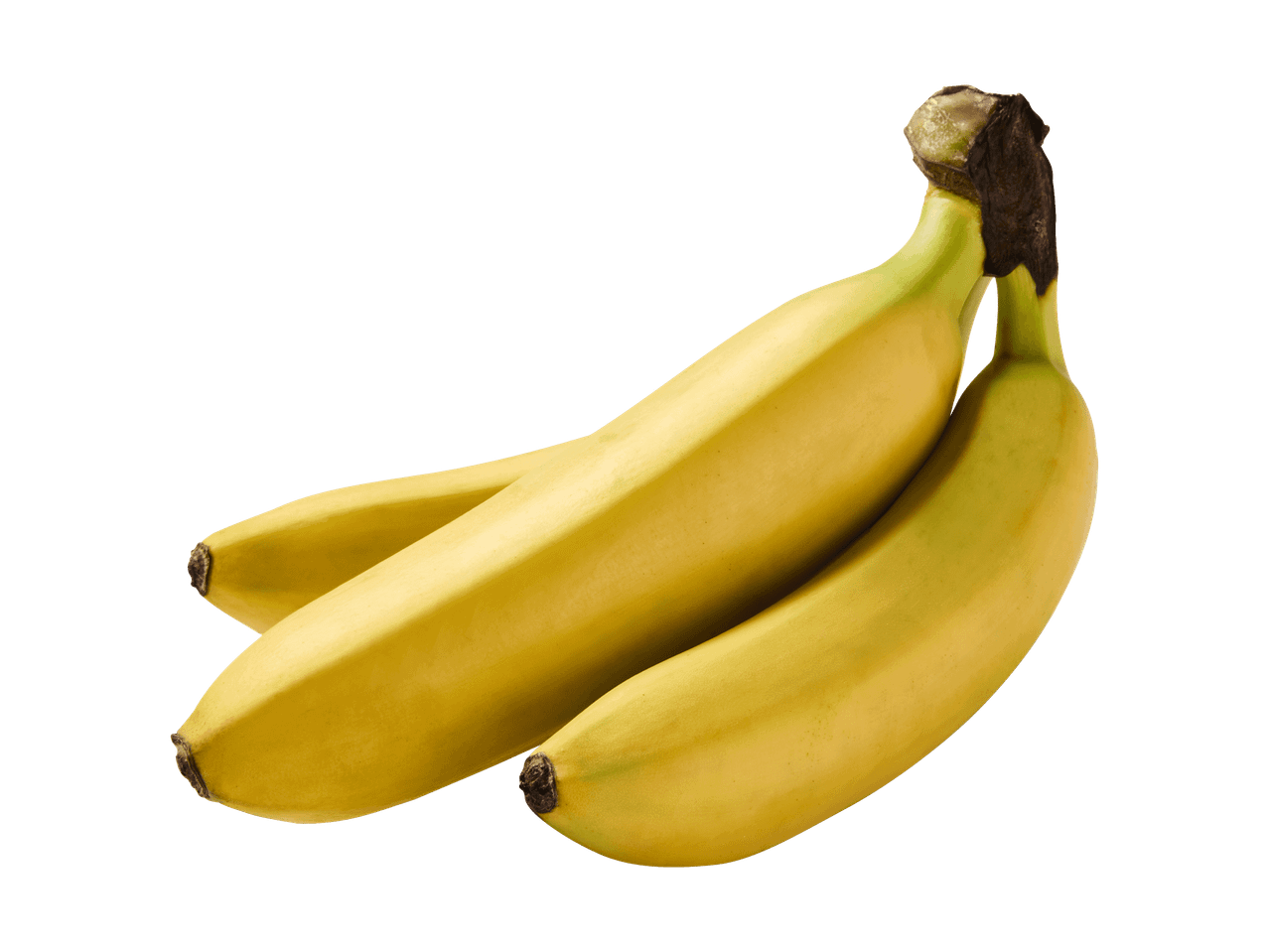 Drei gelbe Bananen auf schwarzem Hintergrund.