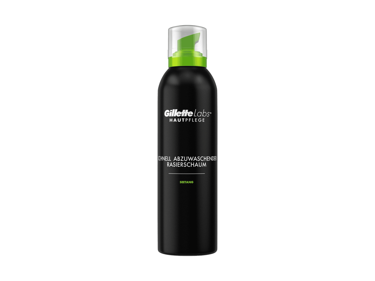 Schwarze Gillette Labs Rasierflasche mit grün-weißem Verschluss.