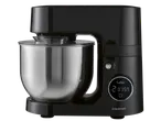 Robô de cozinha preto com taça de aço inoxidável e ecrã digital.