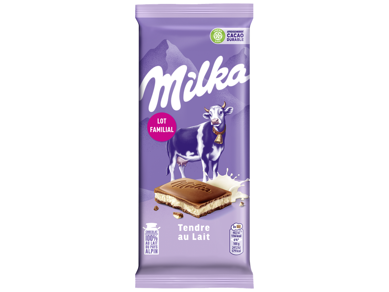 Barre de chocolat au lait avec un fourrage crémeux, emballage violet avec une vache et des montagnes.