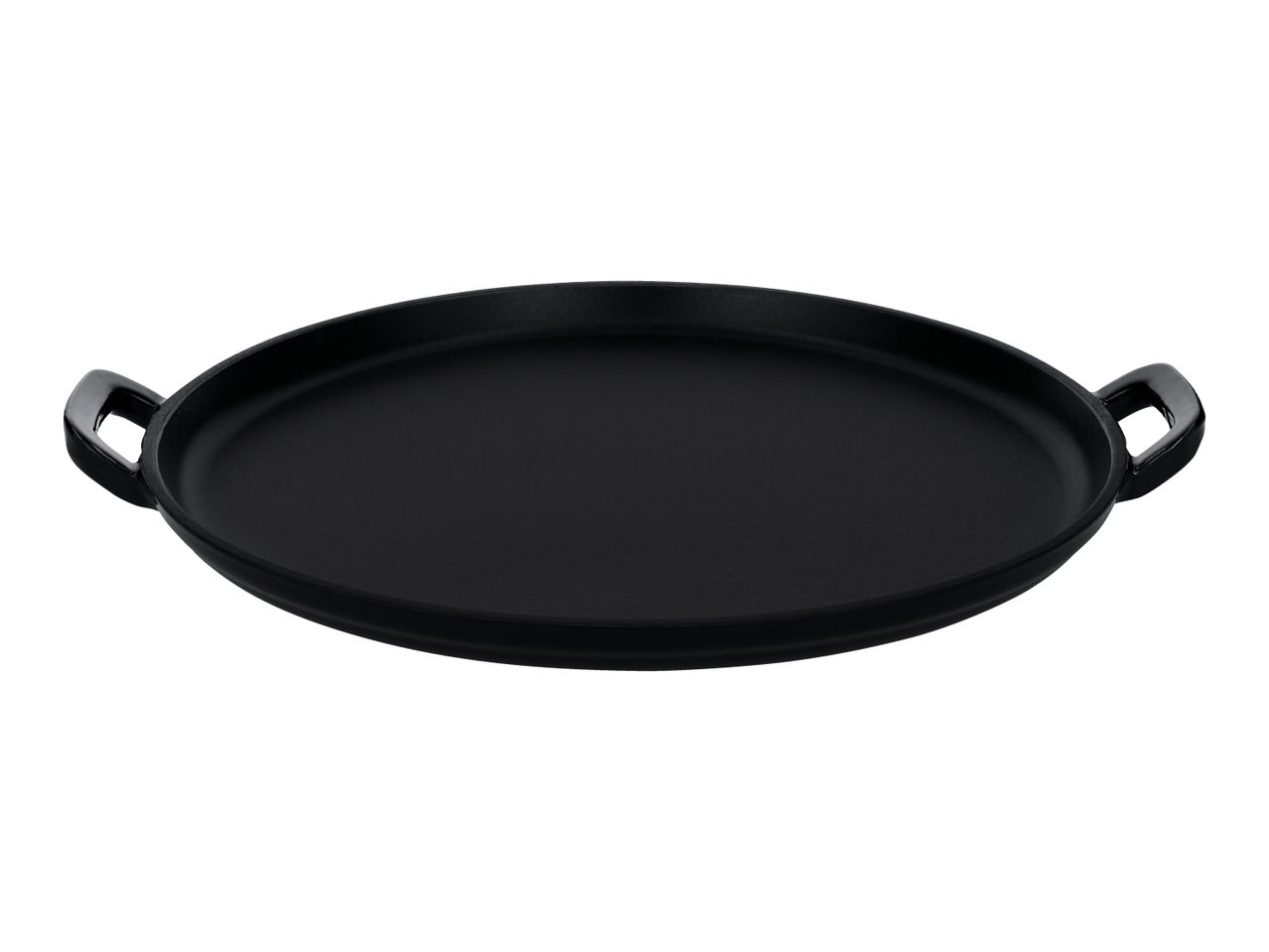 Black cast iron round griddle pan with two handles