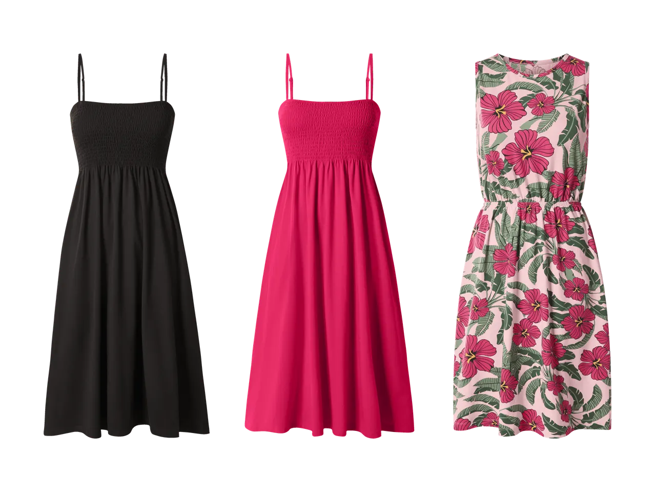Drei Sommerkleider: ein schwarzes, ein fuchsiafarbenes und ein rosa mit Blumenmuster.