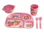 Pink children's dining set with bowl, divided plate, cup, fork, and spoon, featuring cartoon dogs.