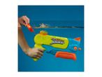 Child's hand filling a yellow and blue water blaster from a clear water container.