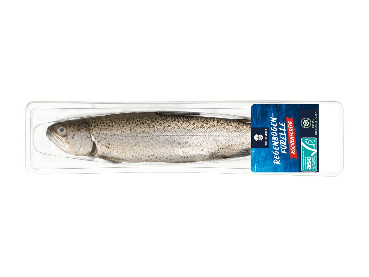Fischerstolz Regenbogenforelle, küchenfertig, in einer transparenten Verpackung