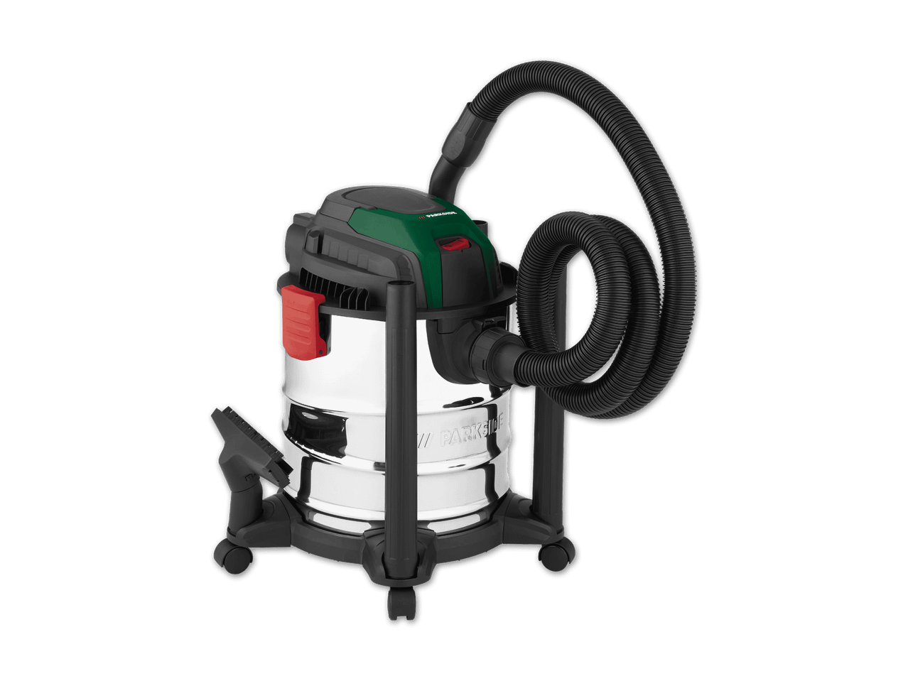 Nass- und Trockensauger mit glänzendem Metallbehälter und schwarzem Schlauch