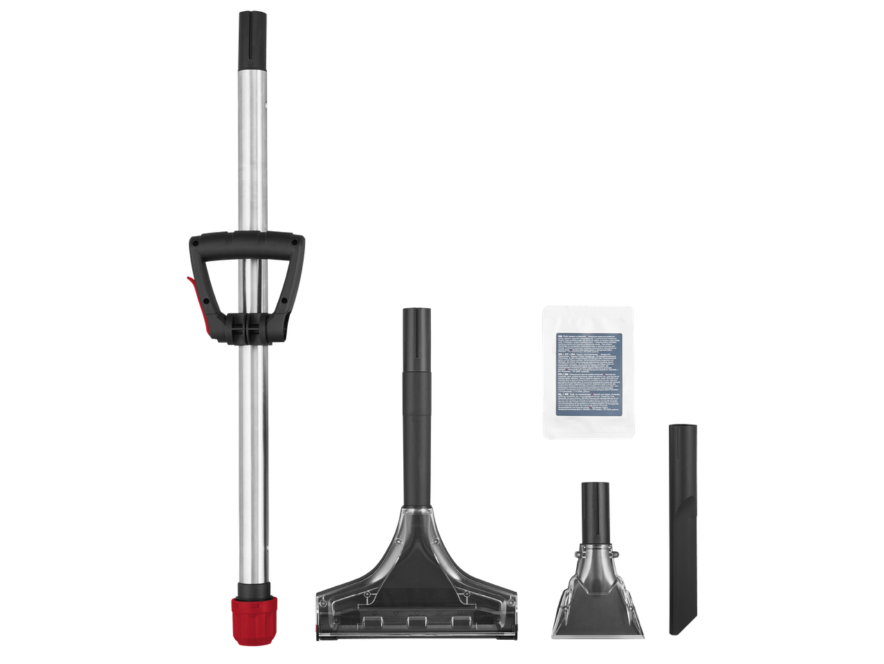 Комплект за почистване на килими с дръжка, накрайници и препарат.