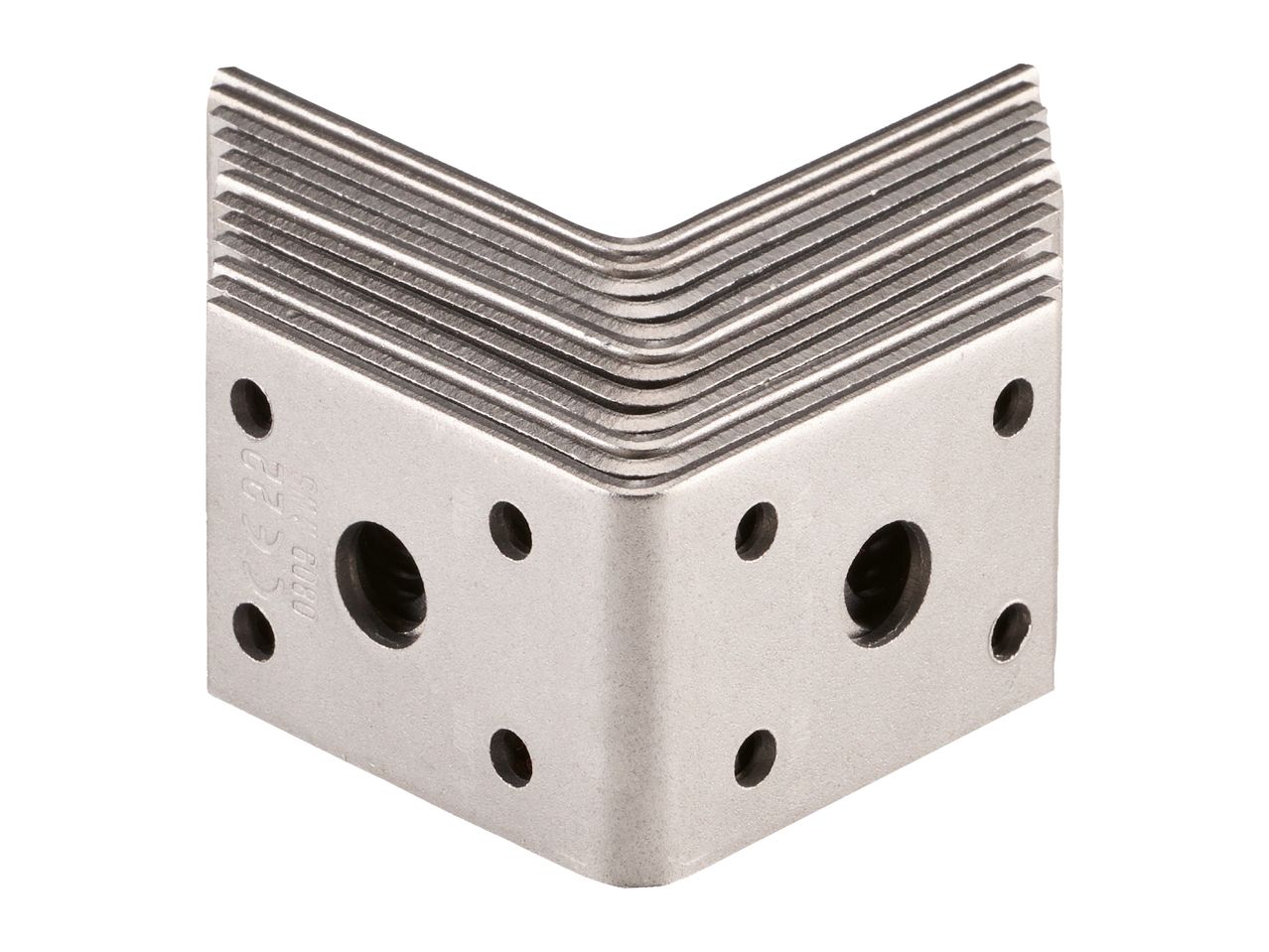 Metal corner bracket with ribbed top and pre-drilled screw holes