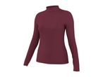Maroon ribbed long-sleeve mock neck top.