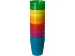 A stack of colorful plastic cups in a rainbow pattern.