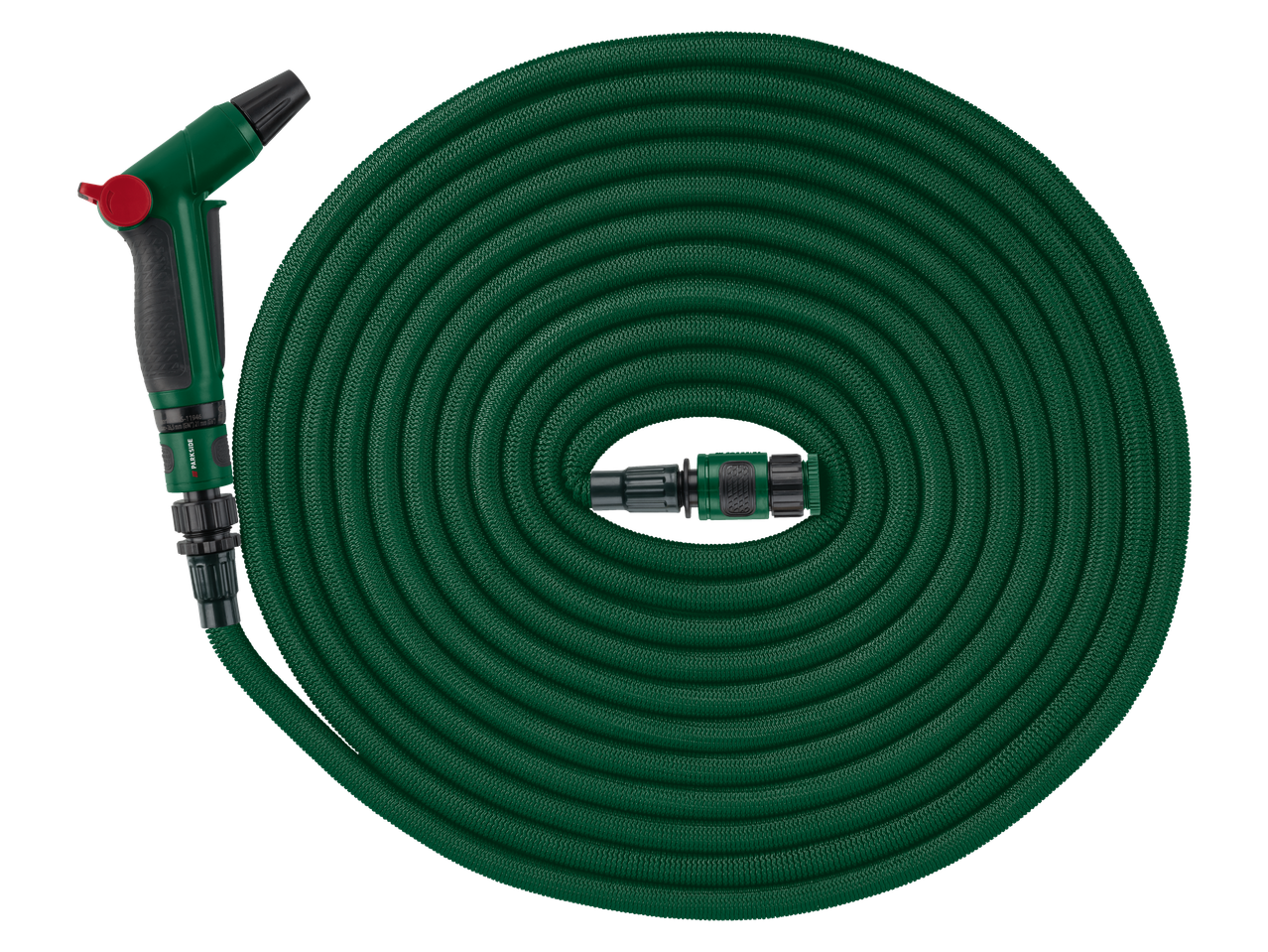 PARKSIDE Flexi-Gartenschlauchset, 30 m: satīta šļūtene ar smidzinātāju un savienotāju.