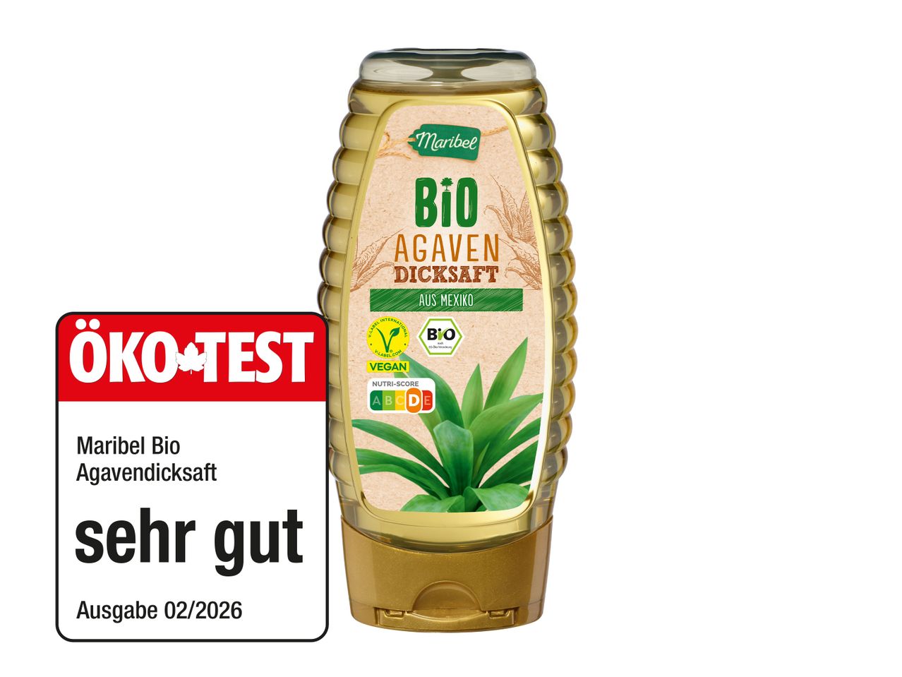Bio-Agavendicksaft in einer Flasche mit „sehr gut“ Bewertung und Nutri-Score A.