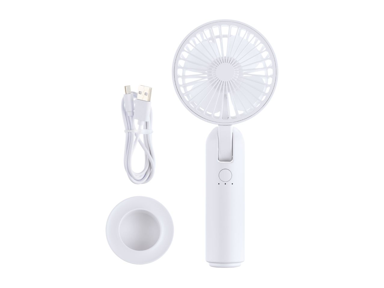 White portable fan with charging cable and stand.