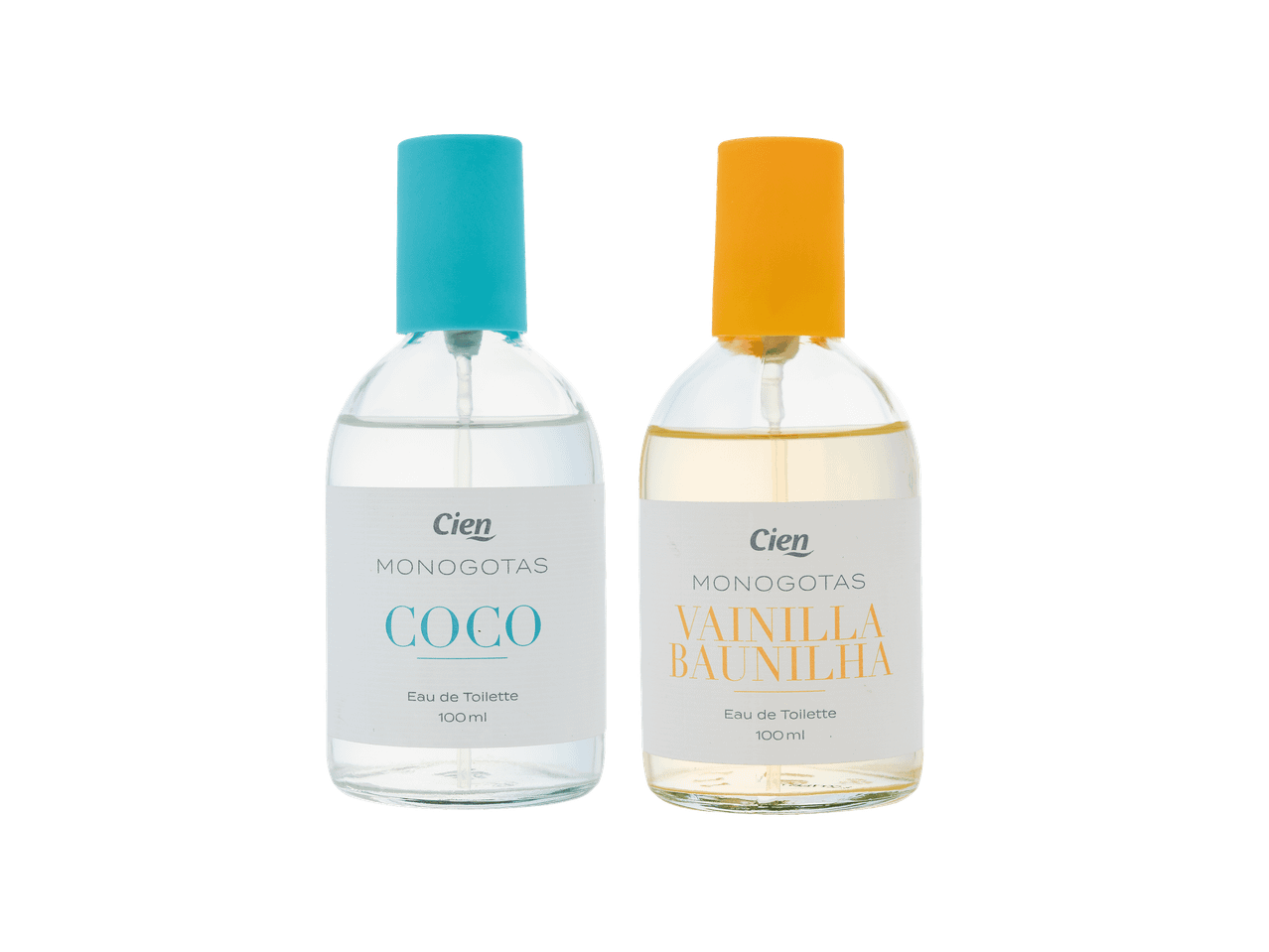 Dois frascos de eau de toilette, um de coco e outro de baunilha, ambos de 100 ml.