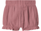 Pink baby bloomers with elasticated waist and ruffled leg openings.