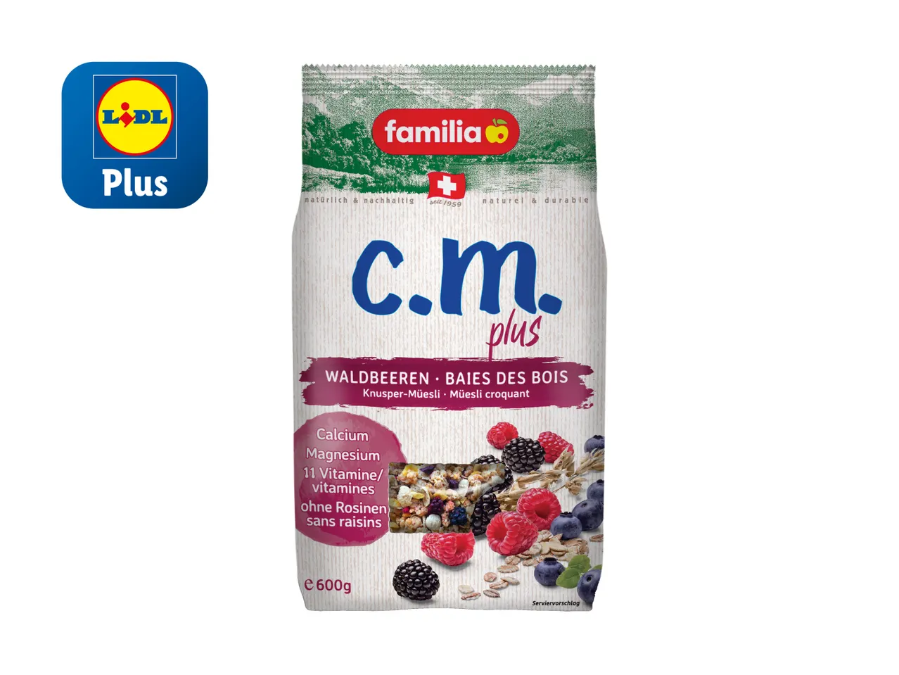 Familia c.m. plus Müsli mit Waldbeeren von Lidl Plus.
