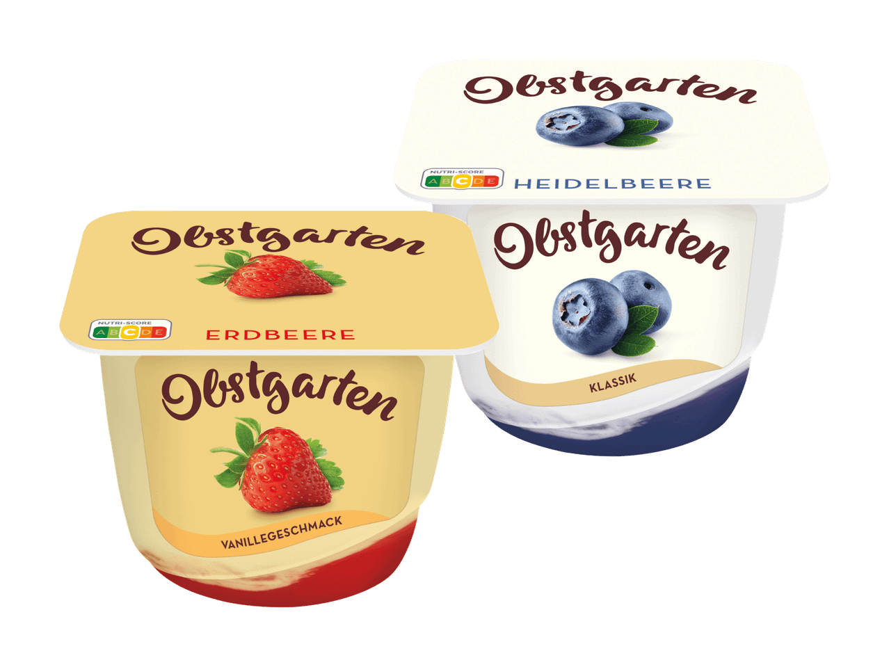 Drei Joghurtbecher mit den Geschmacksrichtungen Erdbeere, Heidelbeere und Vanille.