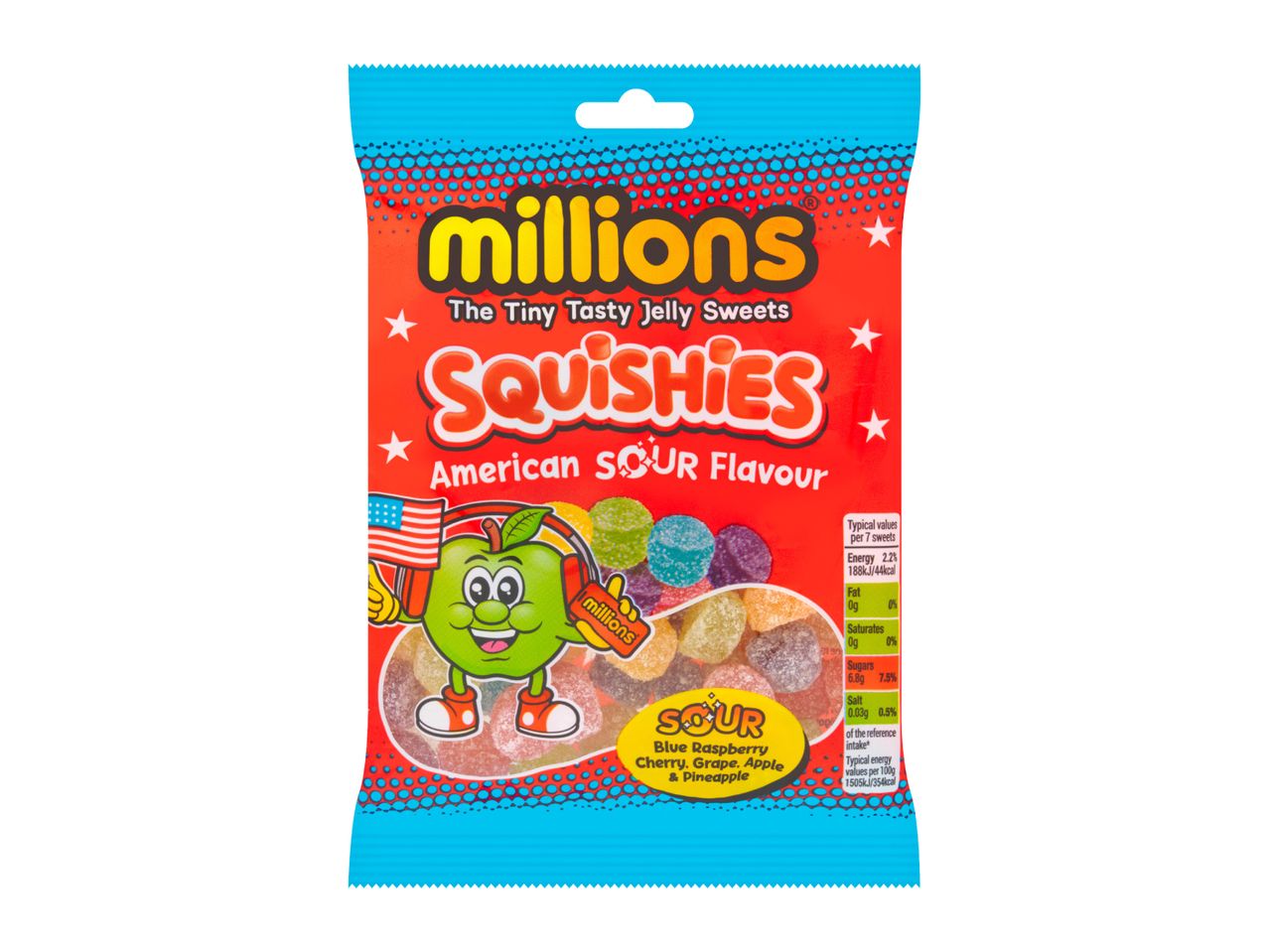 Millions Squishies American Sour Flavour jelly sweets with a cartoon apple character.