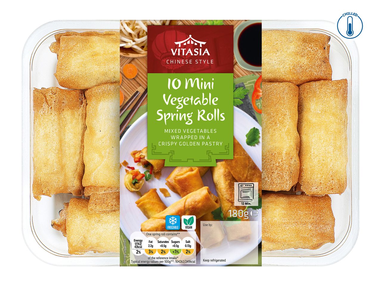 Vitasia Chinese Style 10 Mini Vegetable Spring Rolls in a clear plastic tray.