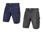 Zwei Jeans-Shorts in Dunkelblau und Grau mit Cargotaschen.