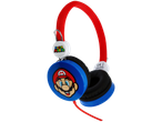Röda och blå hörlurar med Super Mario-design.