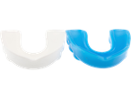 Two mouthguards, one white and one blue, on a black background.