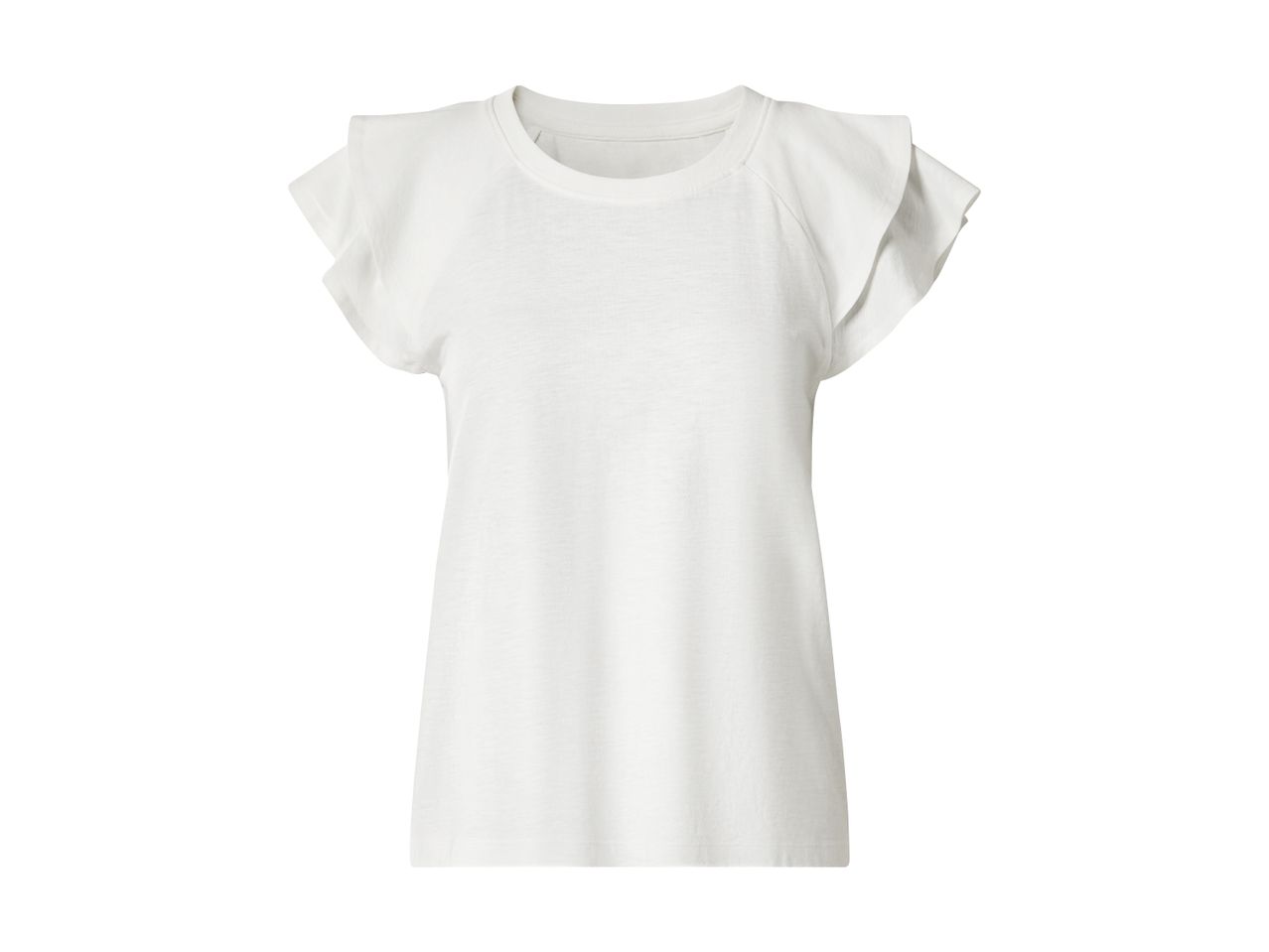 Hvid T-shirt med korte ærmer og flæsedetaljer på skuldrene