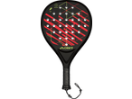 Zwart padelracket met rood en limoengroen geometrisch ontwerp, met 'Light' en 'Resistant' iconen.
