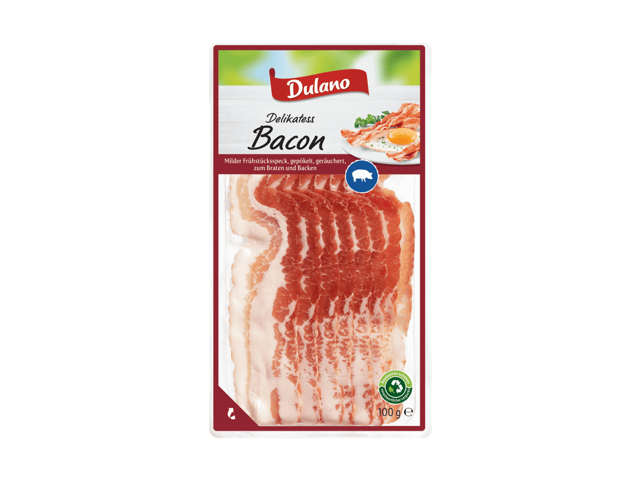Dulano Delikatess Bacon Packung mit 100g mildem Frühstücksspeck.