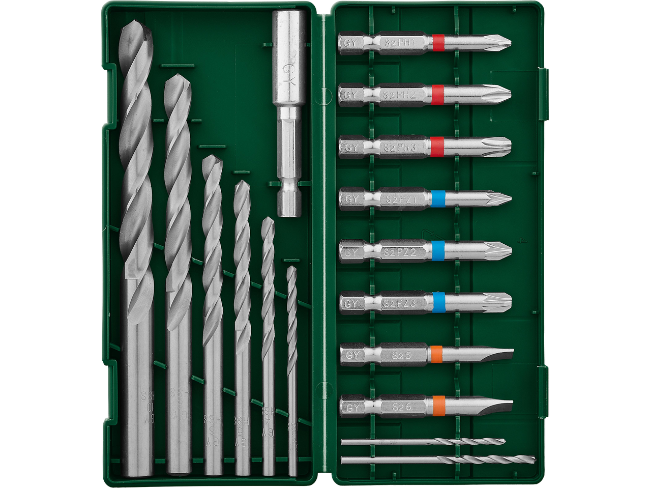 Fúró- és bitkészlet zöld műanyag tokban, különböző méretű fúrókkal és csavarhúzó bitekkel.