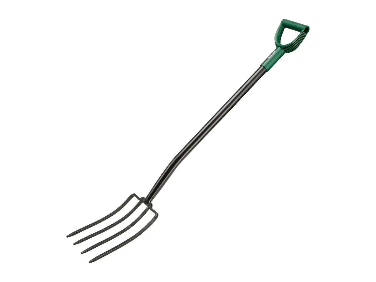 A black garden fork with a green D-handle.
