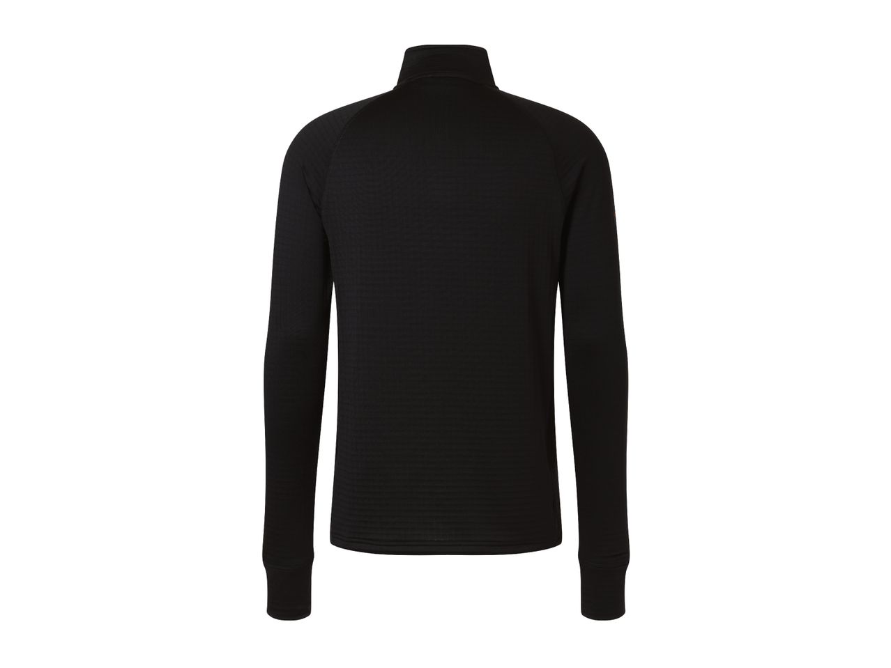 Black long-sleeve zip-neck top.