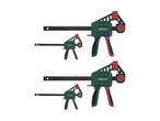 Two sets of two quick-release bar clamps, one large and one small, with green and red accents.