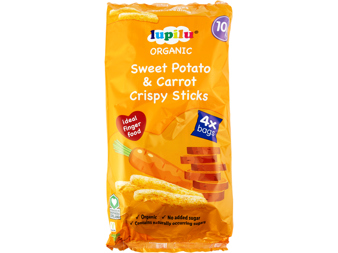 Lupilu Organic Sweet Potato & Carrot Crispy Sticks, ideal finger food for babies.