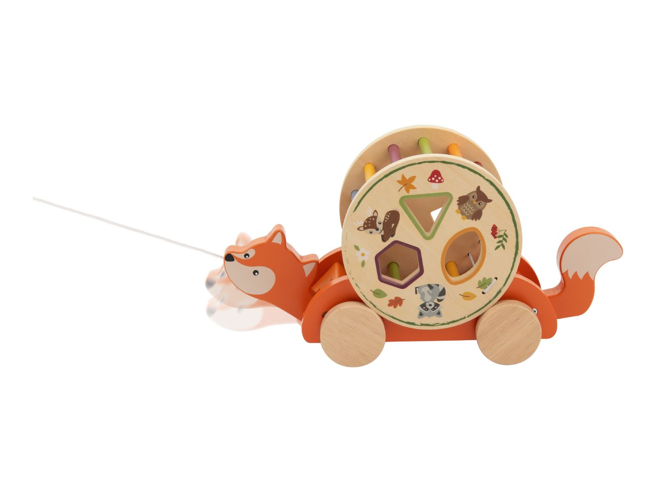 Wooden fox pull-along toy with shape sorter and forest animal illustrations.